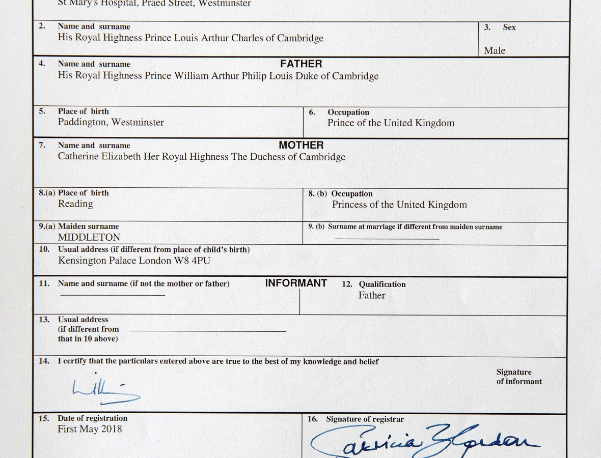 Prince Louis #39 Birth Certificate Has Been Revealed