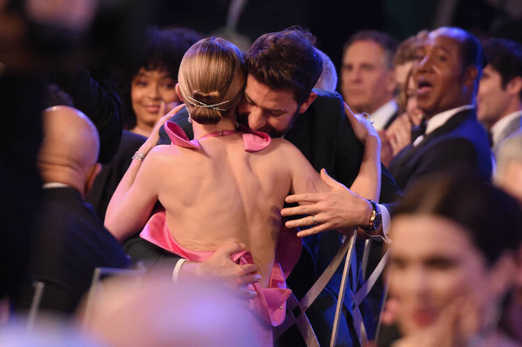 Emily Blunt wins Outstanding Performance by a Female Actor in a Supporting Role for 'A Quiet Place' with John Krasinski during the 25th Annual Screen Actors Guild Awards at The Shrine Auditorium