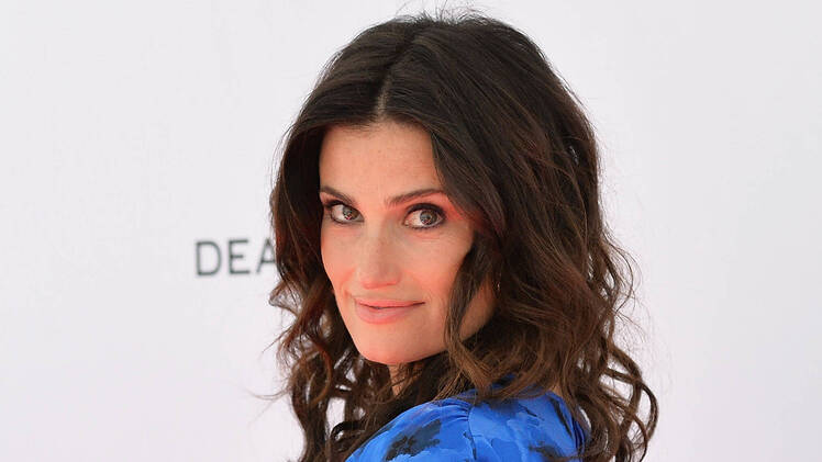 idina-menzel-tribeca-talks-blue-flower-top