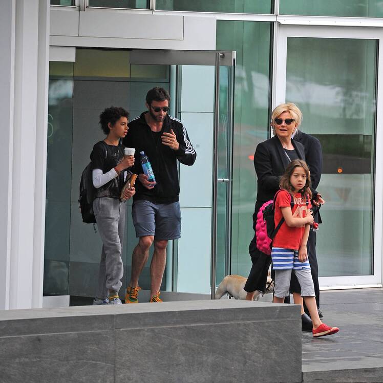 Ava Jackman and Hugh Jackman with Oscar Jackman and Deborra-Lee Furness sighting at school