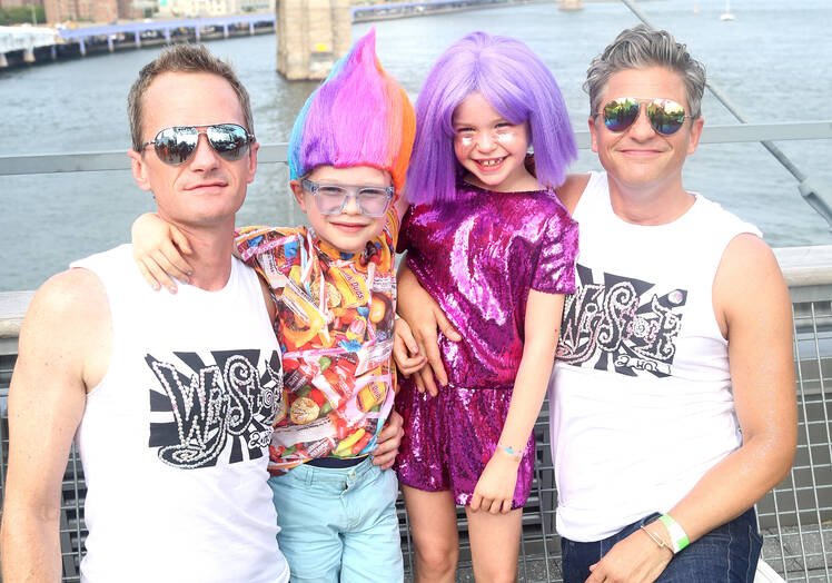 "Wigstock" Producer Neil Patrick Harris, son Gideon Scott Burtka-Harris, daughter Harper Grace Burtka-Harris and husband David Burtka pose backstage at "Wigstock 2.HO" at The Pier 17