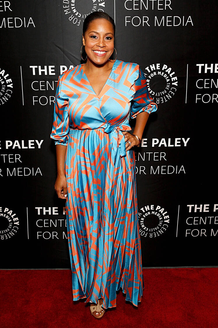 Sheinelle Jones in a blue and orange dress
