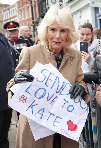 Queen Camilla holds sign supporting Kate Middleton 